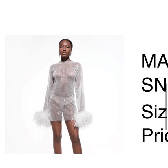 SPARKLY RHINESTONE FEATHER SLEEVE LONG SLEEVE SHEER MINI DRESS - WHITE - Picture 2 of 4